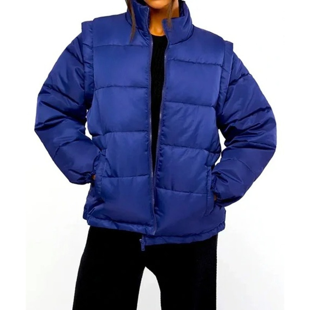 NWT WeWoreWhat Long Sleeve Zip Off Sleeve Puffer Jacket Vest Zip Up Navy Blue S